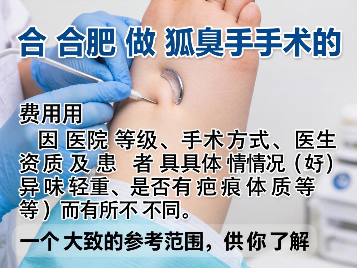 在合肥做狐臭手术的费用因医院等级、手术方式、医生资质及患者具体情况(如异味轻重、是否有疤痕体质等)而有所不同。以下是一个大致的参考范围,供你了解 在合肥做狐臭手术的费用因医院等级、手术方式、医生资质及患者具体情况(如异味轻重、是否有疤痕体质等)而有所不同。以下是一个大致的参考范围,供你了解