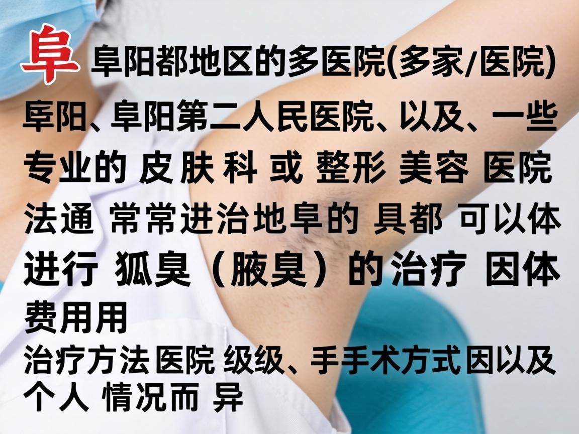 阜阳地区的多家医院(如阜阳市人民医院、阜阳第二人民医院、以及一些专业的皮肤科或整形美容医院)通常都可以进行狐臭(腋臭)的治疗。具体的治疗方法和费用因医院级别、手术方式以及个人情况而异 阜阳地区的多家医院(如阜阳市人民医院、阜阳第二人民医院、以及一些专业的皮肤科或整形美容医院)通常都可以进行狐臭(腋臭)的治疗。具体的治疗方法和费用因医院级别、手术方式以及个人情况而异