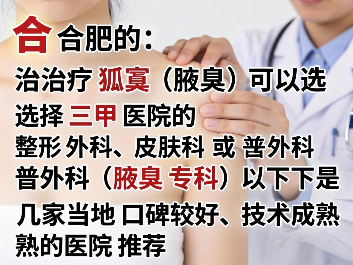 在合肥,治疗狐臭(腋臭)可以选择三甲医院的整形外科、皮肤科或普外科(腋臭专科)以下是几家当地口碑较好、技术成熟的医院推荐 在合肥,治疗狐臭(腋臭)可以选择三甲医院的整形外科、皮肤科或普外科(腋臭专科)以下是几家当地口碑较好、技术成熟的医院推荐