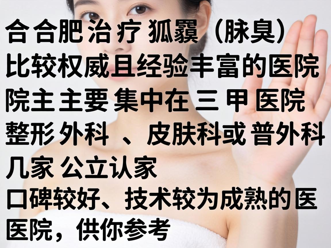 在合肥,治疗狐臭(腋臭)比较权威且经验丰富的医院主要集中在三甲医院的整形外科、皮肤科或普外科。以下是几家公认口碑较好、技术较为成熟的医院,供你参考 在合肥,治疗狐臭(腋臭)比较权威且经验丰富的医院主要集中在三甲医院的整形外科、皮肤科或普外科。以下是几家公认口碑较好、技术较为成熟的医院,供你参考