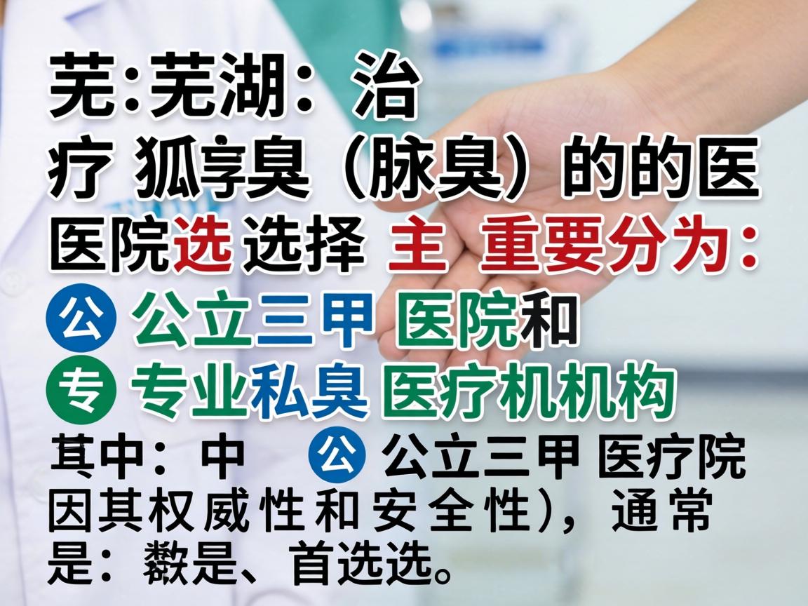 在芜湖,治疗狐臭(腋臭)的医院选择主要分为公立三甲医院和专业私立医疗机构。其中,公立三甲医院因其权威性和安全性,通常是首选 在芜湖,治疗狐臭(腋臭)的医院选择主要分为公立三甲医院和专业私立医疗机构。其中,公立三甲医院因其权威性和安全性,通常是首选