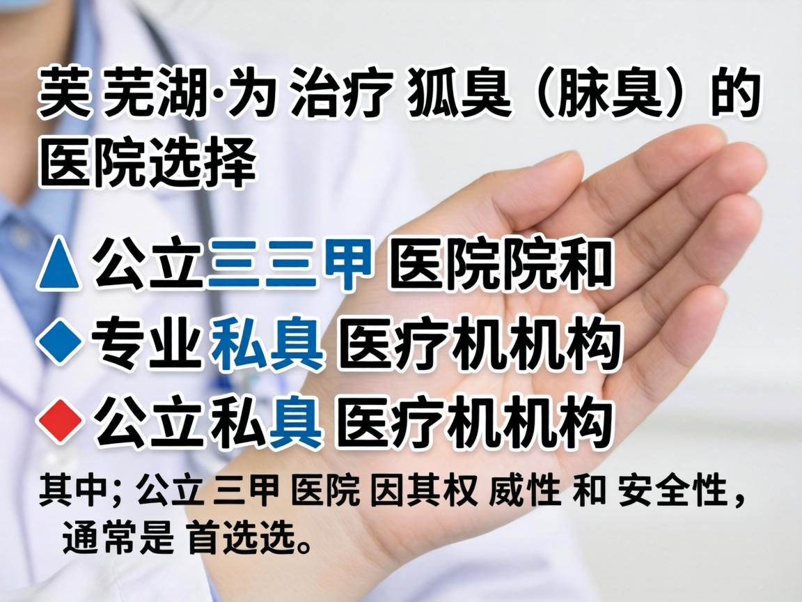 在芜湖,治疗狐臭(腋臭)的医院选择主要分为公立三甲医院和专业私立医疗机构。其中,公立三甲医院因其权威性和安全性,通常是首选 在芜湖,治疗狐臭(腋臭)的医院选择主要分为公立三甲医院和专业私立医疗机构。其中,公立三甲医院因其权威性和安全性,通常是首选