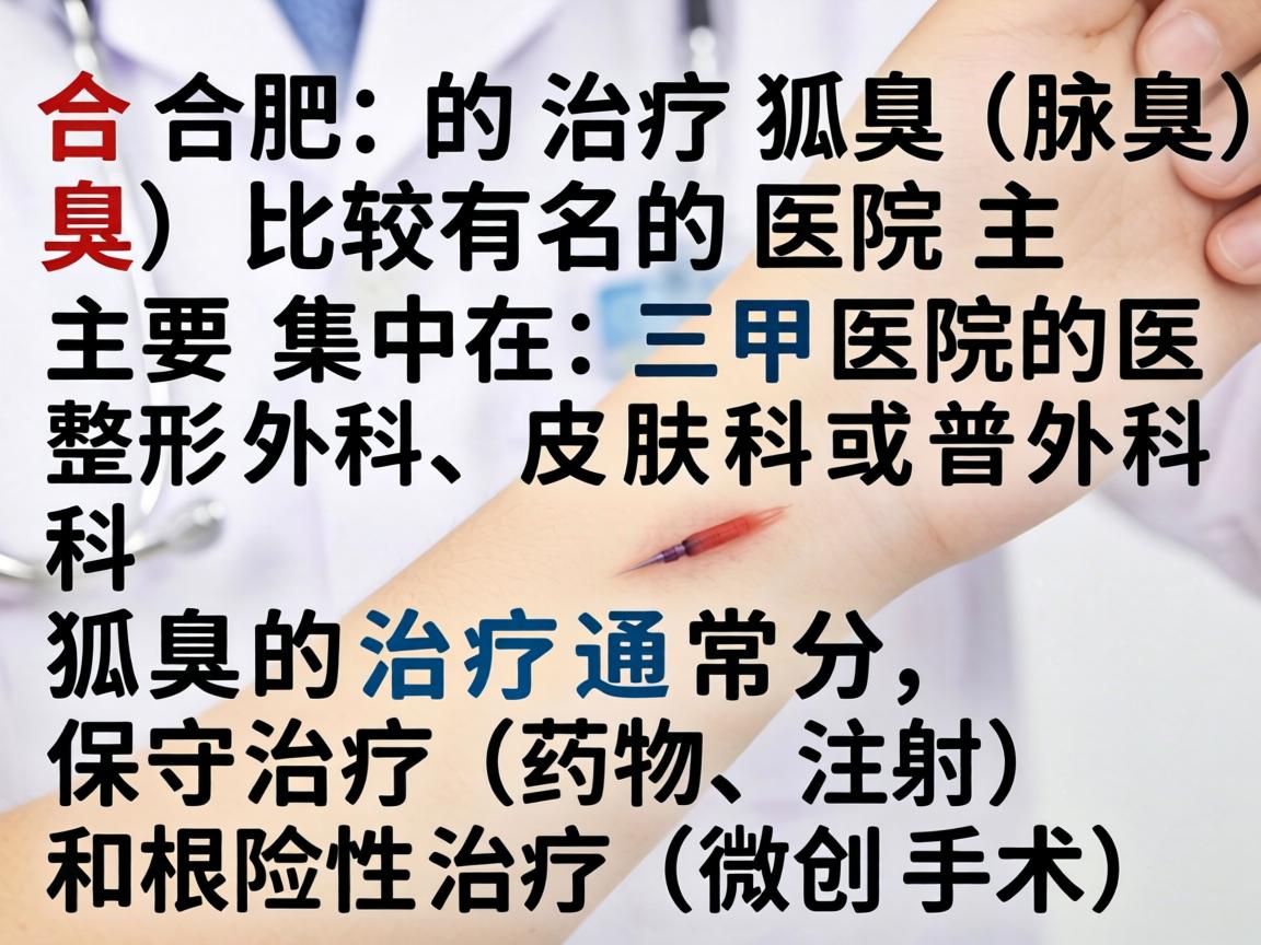 在合肥,治疗狐臭(腋臭)比较有名的医院主要集中在三甲医院的整形外科、皮肤科或普外科。狐臭的治疗通常分为保守治疗(药物、注射)和根治性治疗(微创手术) 在合肥,治疗狐臭(腋臭)比较有名的医院主要集中在三甲医院的整形外科、皮肤科或普外科。狐臭的治疗通常分为保守治疗(药物、注射)和根治性治疗(微创手术)