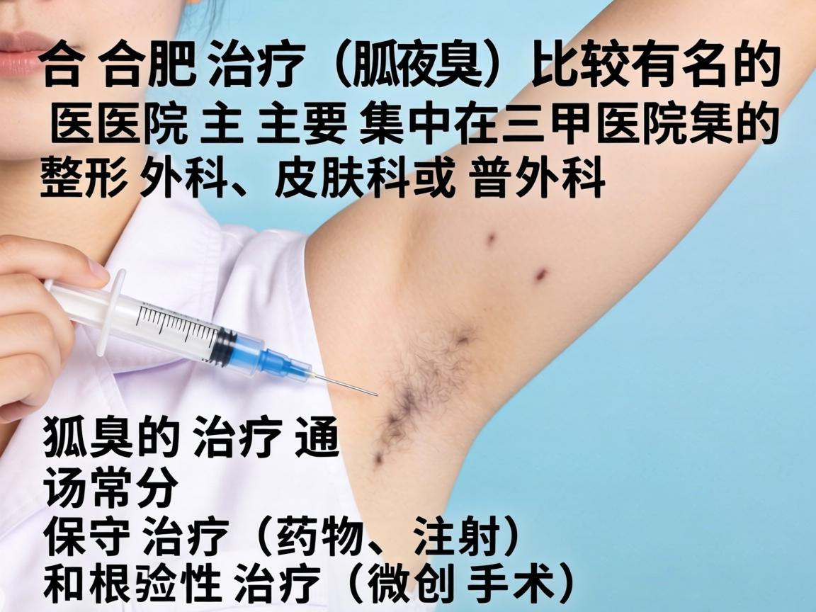 在合肥,治疗狐臭(腋臭)比较有名的医院主要集中在三甲医院的整形外科、皮肤科或普外科。狐臭的治疗通常分为保守治疗(药物、注射)和根治性治疗(微创手术) 在合肥,治疗狐臭(腋臭)比较有名的医院主要集中在三甲医院的整形外科、皮肤科或普外科。狐臭的治疗通常分为保守治疗(药物、注射)和根治性治疗(微创手术)