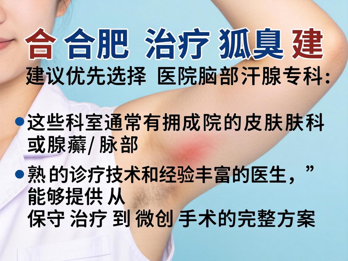 合肥治疗狐臭,建议优先选择三甲医院的皮肤科或腋臭/腋部汗腺专科。这些科室通常拥有成熟的诊疗技术和经验丰富的医生,能够提供从保守治疗到微创手术的完整方案 合肥治疗狐臭,建议优先选择三甲医院的皮肤科或腋臭/腋部汗腺专科。这些科室通常拥有成熟的诊疗技术和经验丰富的医生,能够提供从保守治疗到微创手术的完整方案