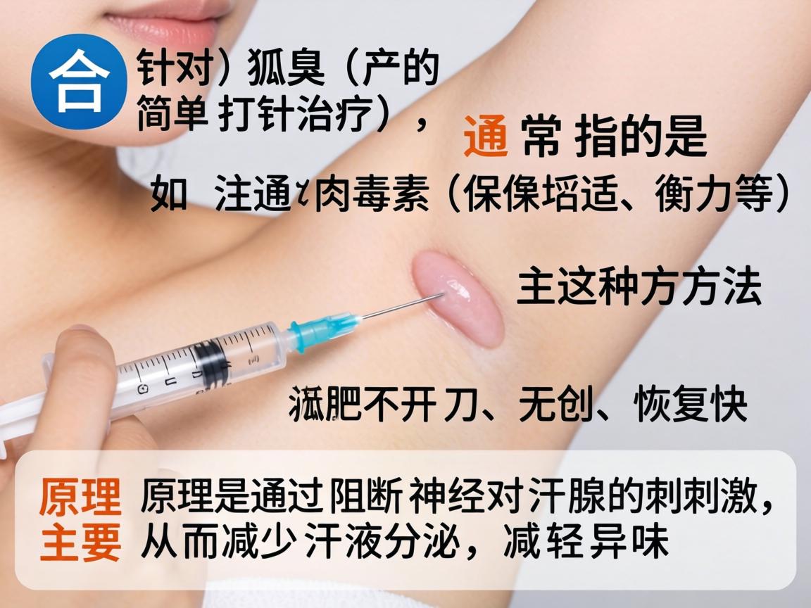 在合肥,针对狐臭(腋臭)的简单打针治疗,通常指的是注射肉毒素(如保妥适、衡力等)这种方法不开刀、无创、恢复快,主要原理是通过阻断神经对汗腺的刺激,从而减少汗液分泌,减轻异味 在合肥,针对狐臭(腋臭)的简单打针治疗,通常指的是注射肉毒素(如保妥适、衡力等)这种方法不开刀、无创、恢复快,主要原理是通过阻断神经对汗腺的刺激,从而减少汗液分泌,减轻异味