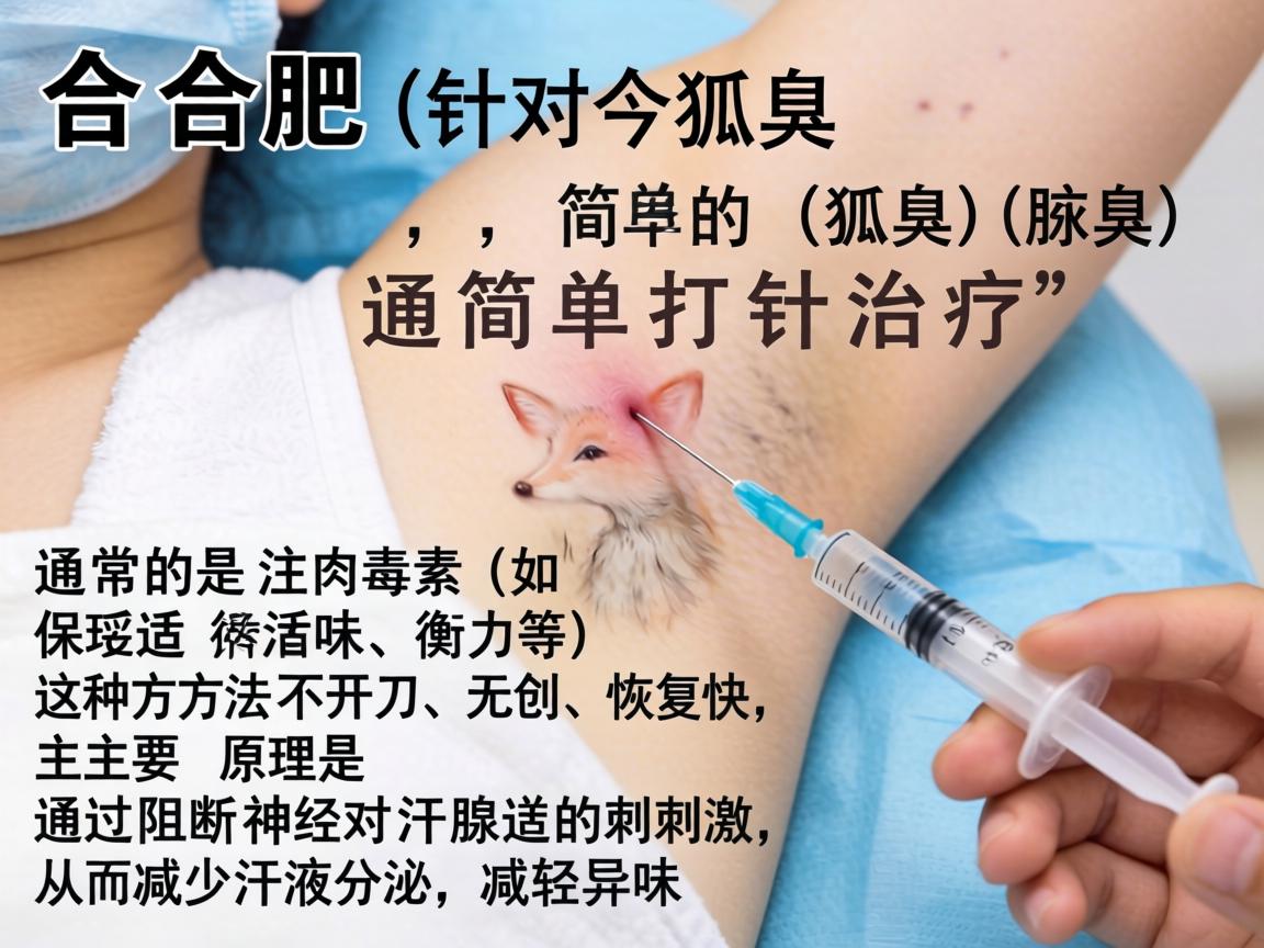 在合肥,针对狐臭(腋臭)的简单打针治疗,通常指的是注射肉毒素(如保妥适、衡力等)这种方法不开刀、无创、恢复快,主要原理是通过阻断神经对汗腺的刺激,从而减少汗液分泌,减轻异味 在合肥,针对狐臭(腋臭)的简单打针治疗,通常指的是注射肉毒素(如保妥适、衡力等)这种方法不开刀、无创、恢复快,主要原理是通过阻断神经对汗腺的刺激,从而减少汗液分泌,减轻异味