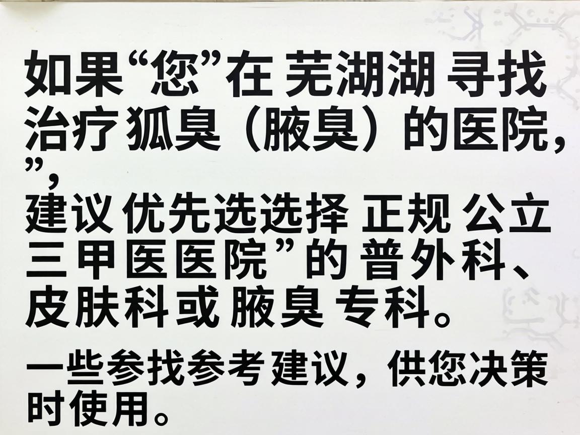 如果您在芜湖寻找治疗狐臭(腋臭)的医院,建议优先选择正规公立三甲医院的普外科、皮肤科或腋臭专科。以下是一些参考建议,供您决策时使用 如果您在芜湖寻找治疗狐臭(腋臭)的医院,建议优先选择正规公立三甲医院的普外科、皮肤科或腋臭专科。以下是一些参考建议,供您决策时使用
