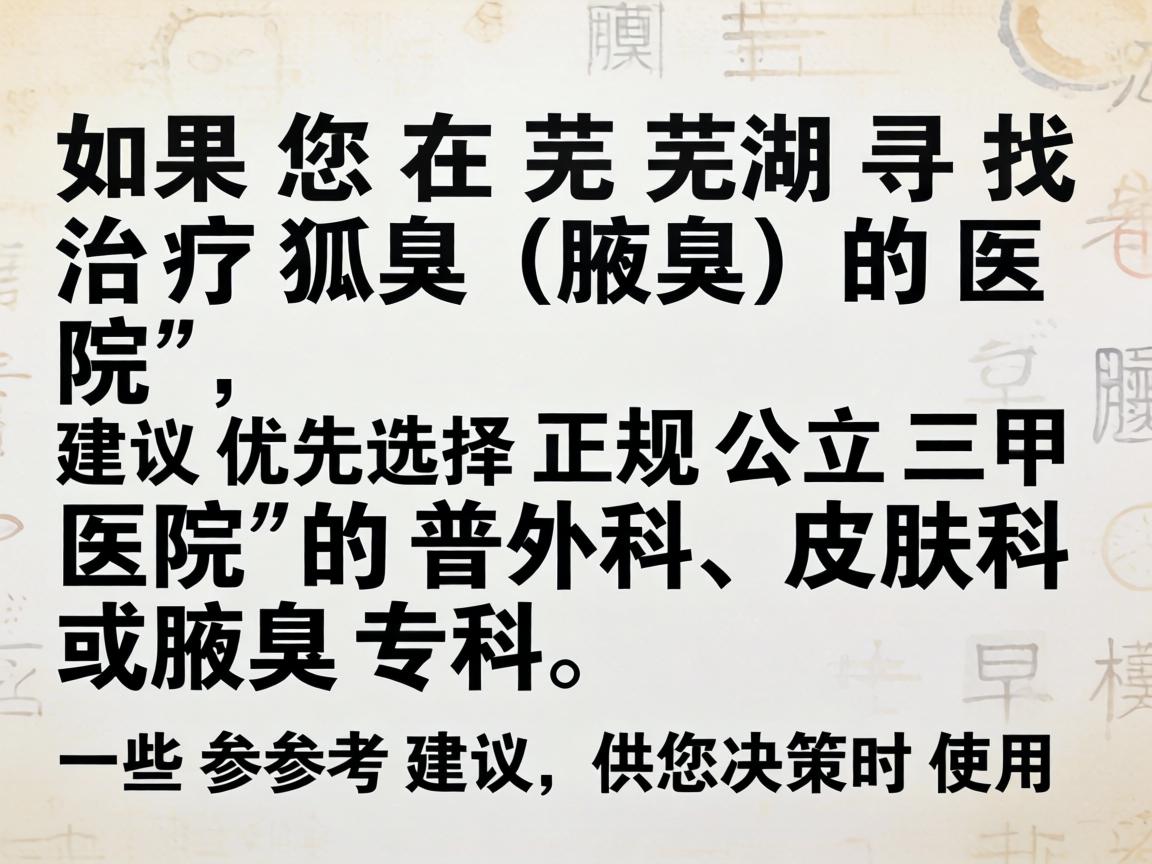 如果您在芜湖寻找治疗狐臭(腋臭)的医院,建议优先选择正规公立三甲医院的普外科、皮肤科或腋臭专科。以下是一些参考建议,供您决策时使用 如果您在芜湖寻找治疗狐臭(腋臭)的医院,建议优先选择正规公立三甲医院的普外科、皮肤科或腋臭专科。以下是一些参考建议,供您决策时使用