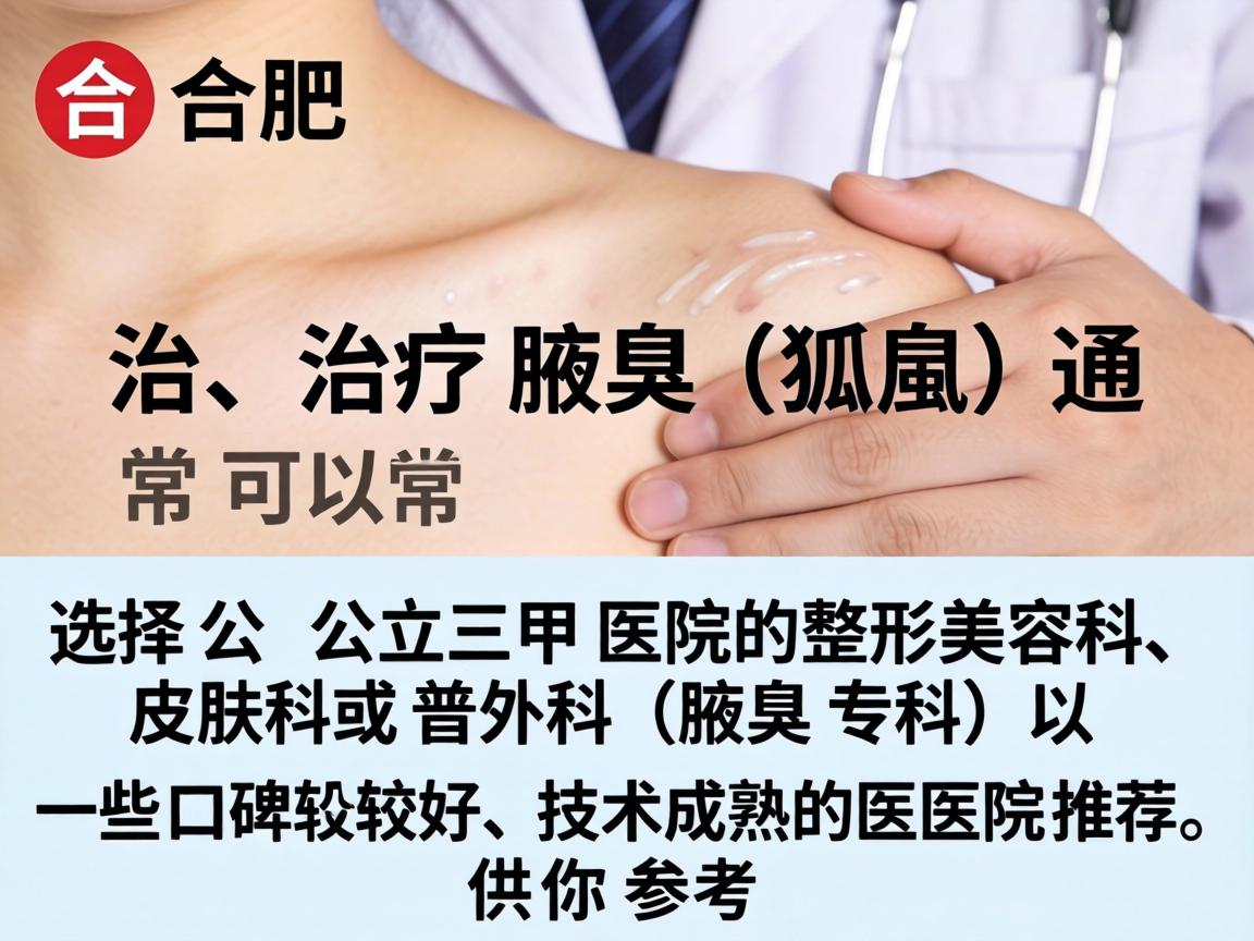 在合肥,治疗腋臭(狐臭)通常可以选择公立三甲医院的整形美容科、皮肤科或普外科(腋臭专科)以下是一些口碑较好、技术成熟的医院推荐,供你参考 在合肥,治疗腋臭(狐臭)通常可以选择公立三甲医院的整形美容科、皮肤科或普外科(腋臭专科)以下是一些口碑较好、技术成熟的医院推荐,供你参考