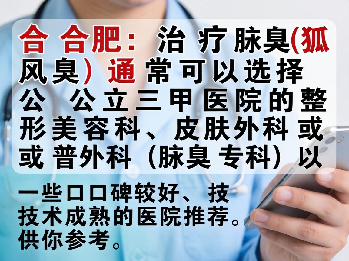 在合肥,治疗腋臭(狐臭)通常可以选择公立三甲医院的整形美容科、皮肤科或普外科(腋臭专科)以下是一些口碑较好、技术成熟的医院推荐,供你参考 在合肥,治疗腋臭(狐臭)通常可以选择公立三甲医院的整形美容科、皮肤科或普外科(腋臭专科)以下是一些口碑较好、技术成熟的医院推荐,供你参考