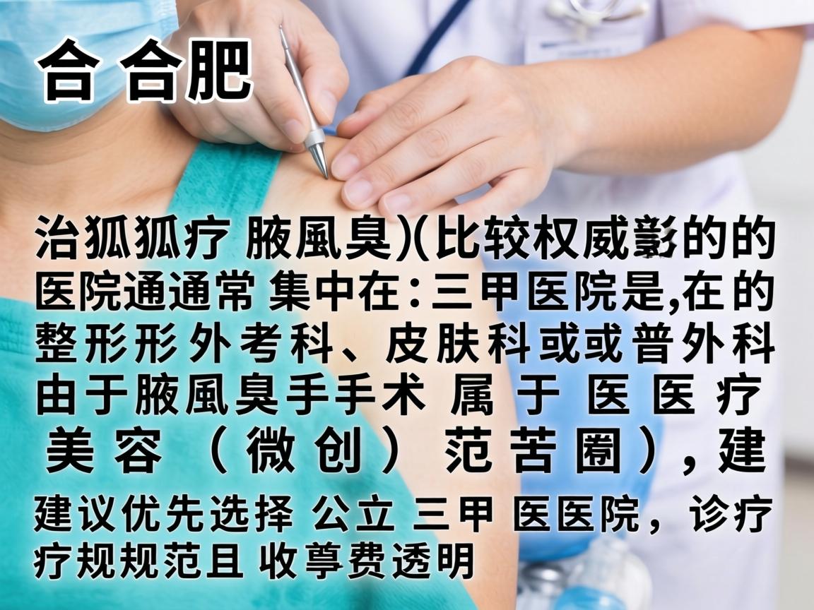 在合肥,治疗腋臭(狐臭)比较权威的医院通常集中在三甲医院的整形外科、皮肤科或普外科。由于腋臭手术属于医疗美容(微创)范畴,建议优先选择公立三甲医院,诊疗规范且收费透明 在合肥,治疗腋臭(狐臭)比较权威的医院通常集中在三甲医院的整形外科、皮肤科或普外科。由于腋臭手术属于医疗美容(微创)范畴,建议优先选择公立三甲医院,诊疗规范且收费透明