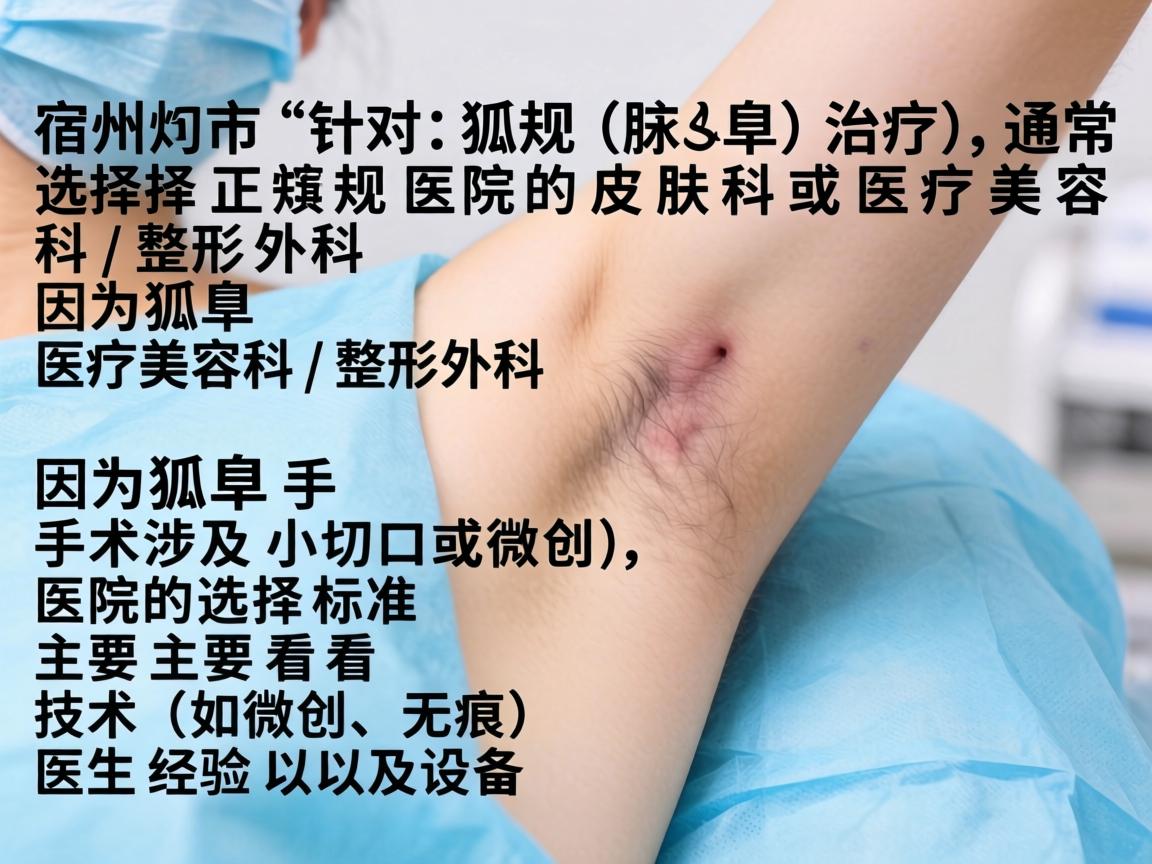 在宿州市,针对狐臭(腋臭)的治疗,通常选择正规医院的皮肤科或医疗美容科/整形外科。因为狐臭手术涉及小切口或微创,医院的选择标准主要看技术(如微创、无痕)医生经验以及设备 在宿州市,针对狐臭(腋臭)的治疗,通常选择正规医院的皮肤科或医疗美容科/整形外科。因为狐臭手术涉及小切口或微创,医院的选择标准主要看技术(如微创、无痕)医生经验以及设备