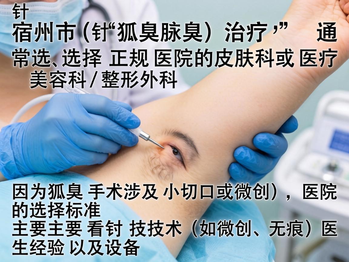 在宿州市,针对狐臭(腋臭)的治疗,通常选择正规医院的皮肤科或医疗美容科/整形外科。因为狐臭手术涉及小切口或微创,医院的选择标准主要看技术(如微创、无痕)医生经验以及设备 在宿州市,针对狐臭(腋臭)的治疗,通常选择正规医院的皮肤科或医疗美容科/整形外科。因为狐臭手术涉及小切口或微创,医院的选择标准主要看技术(如微创、无痕)医生经验以及设备