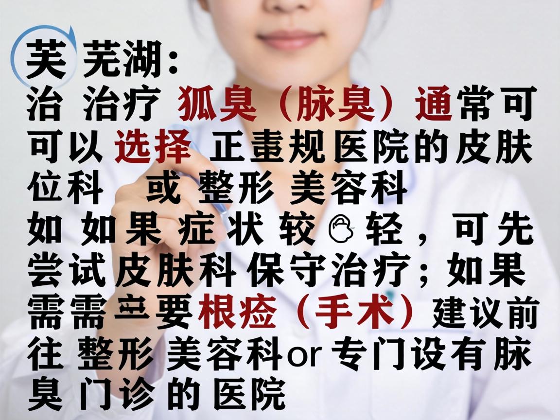 在芜湖,治疗狐臭(腋臭)通常可以选择正规医院的皮肤科或整形美容科。如果症状较轻,可先尝试皮肤科保守治疗;如果需要根治(手术)建议前往整形美容科或专门设有腋臭门诊的医院 在芜湖,治疗狐臭(腋臭)通常可以选择正规医院的皮肤科或整形美容科。如果症状较轻,可先尝试皮肤科保守治疗;如果需要根治(手术)建议前往整形美容科或专门设有腋臭门诊的医院