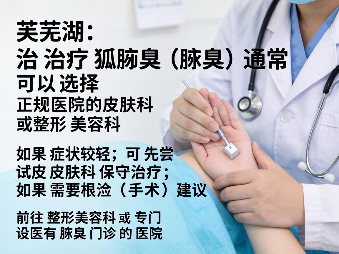 在芜湖,治疗狐臭(腋臭)通常可以选择正规医院的皮肤科或整形美容科。如果症状较轻,可先尝试皮肤科保守治疗;如果需要根治(手术)建议前往整形美容科或专门设有腋臭门诊的医院 在芜湖,治疗狐臭(腋臭)通常可以选择正规医院的皮肤科或整形美容科。如果症状较轻,可先尝试皮肤科保守治疗;如果需要根治(手术)建议前往整形美容科或专门设有腋臭门诊的医院