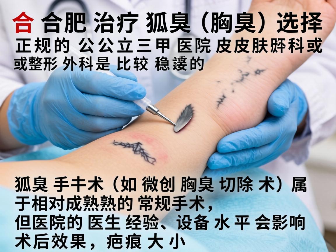 在合肥治疗狐臭（腋臭）选择正规的公立三甲医院皮肤科或整形外科是比较稳妥的。狐臭手术（如微创腋臭切除术）属于相对成熟的常规手术，但医院的医生经验、设备水平会影响术后效果和疤痕大小