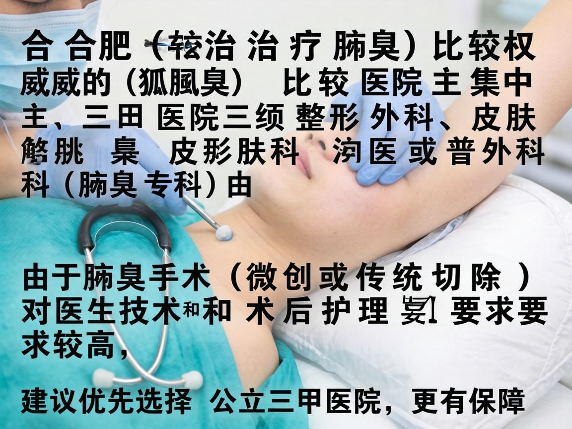 在合肥，治疗腋臭（狐臭）比较权威的医院主要集中在三甲医院的整形外科、皮肤科或普外科（腋臭专科）由于腋臭手术（微创或传统切除）对医生技术和术后护理要求较高，建议优先选择公立三甲医院，更有保障