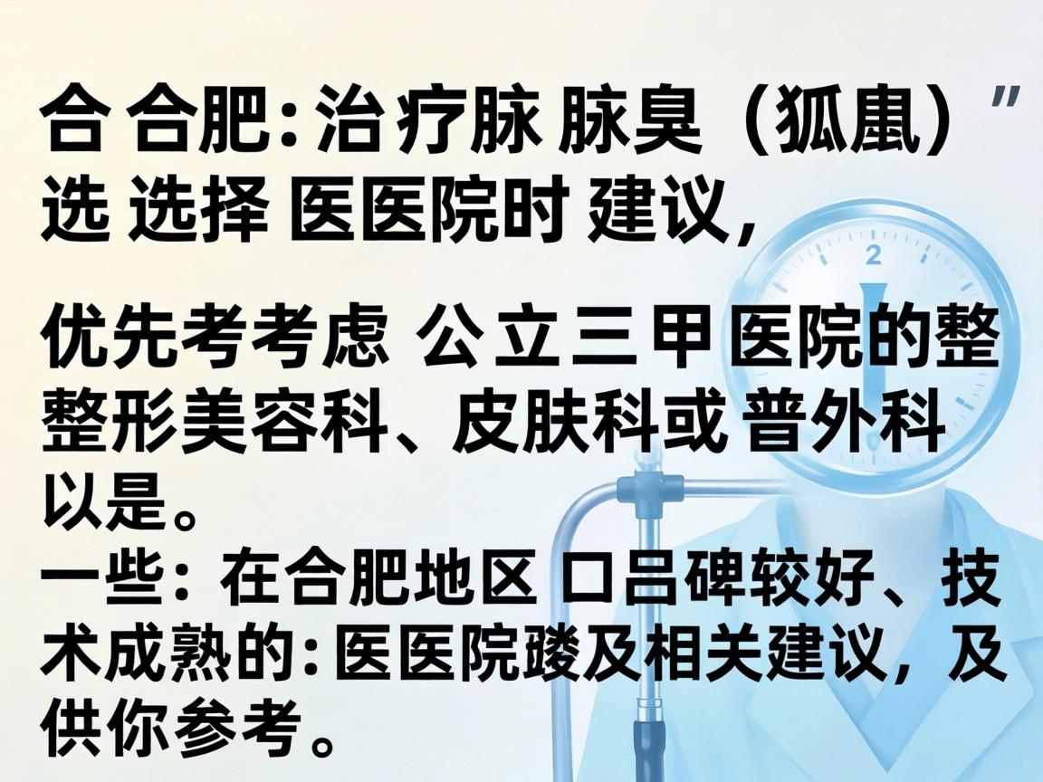 在合肥，治疗腋臭（狐臭）选择医院时，建议优先考虑公立三甲医院的整形美容科、皮肤科或普外科。以下是一些在合肥地区口碑较好、技术成熟的医院及相关建议，供你参考