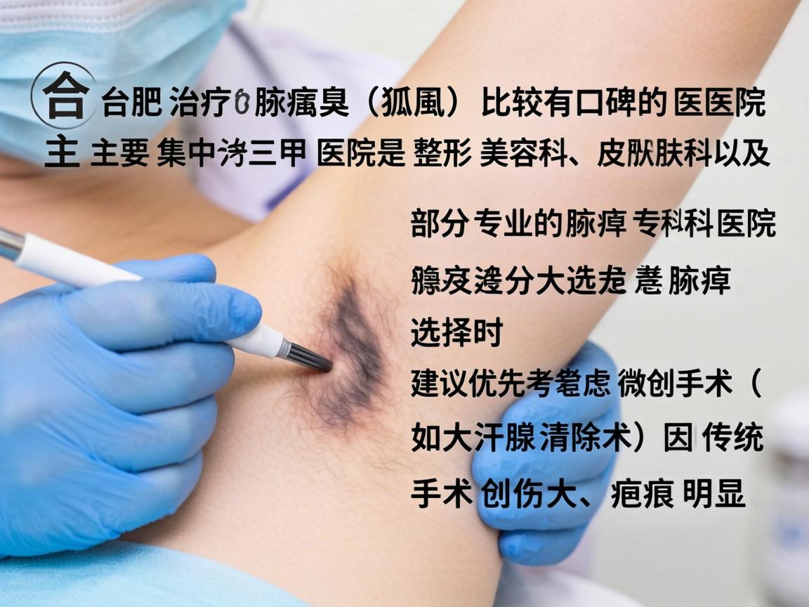 在合肥,治疗腋臭(狐臭)比较有口碑的医院主要集中在三甲医院的整形美容科、皮肤科以及部分专业的腋臭专科医院。选择时建议优先考虑微创手术(如大汗腺清除术)因为传统手术创伤大、疤痕明显 在合肥,治疗腋臭(狐臭)比较有口碑的医院主要集中在三甲医院的整形美容科、皮肤科以及部分专业的腋臭专科医院。选择时建议优先考虑微创手术(如大汗腺清除术)因为传统手术创伤大、疤痕明显