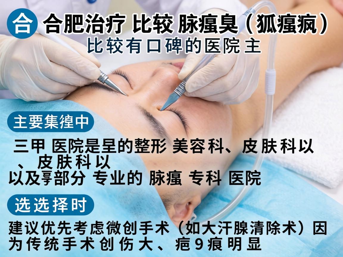 在合肥,治疗腋臭(狐臭)比较有口碑的医院主要集中在三甲医院的整形美容科、皮肤科以及部分专业的腋臭专科医院。选择时建议优先考虑微创手术(如大汗腺清除术)因为传统手术创伤大、疤痕明显 在合肥,治疗腋臭(狐臭)比较有口碑的医院主要集中在三甲医院的整形美容科、皮肤科以及部分专业的腋臭专科医院。选择时建议优先考虑微创手术(如大汗腺清除术)因为传统手术创伤大、疤痕明显