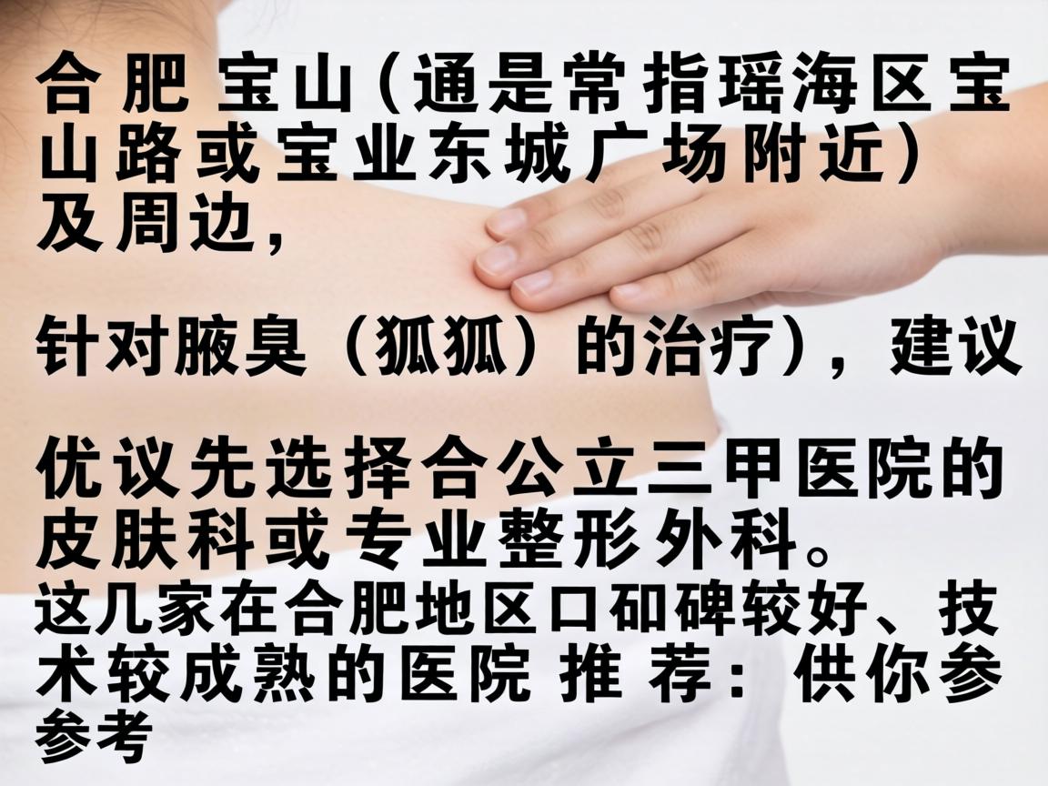 在合肥宝山(通常指瑶海区宝山路或宝业东城广场附近)及周边,针对腋臭(狐臭)的治疗,建议优先选择公立三甲医院的皮肤科或专业整形外科。以下是几家在合肥地区口碑较好、技术较成熟的医院推荐,供你参考 在合肥宝山(通常指瑶海区宝山路或宝业东城广场附近)及周边,针对腋臭(狐臭)的治疗,建议优先选择公立三甲医院的皮肤科或专业整形外科。以下是几家在合肥地区口碑较好、技术较成熟的医院推荐,供你参考
