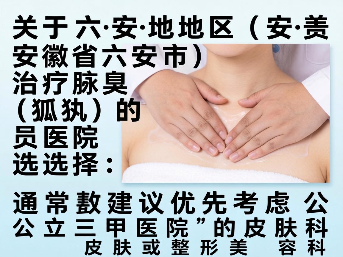 关于六安地区(安徽省六安市)治疗腋臭(狐臭)的医院选择,通常建议优先考虑公立三甲医院的皮肤科或整形美容科 关于六安地区(安徽省六安市)治疗腋臭(狐臭)的医院选择,通常建议优先考虑公立三甲医院的皮肤科或整形美容科