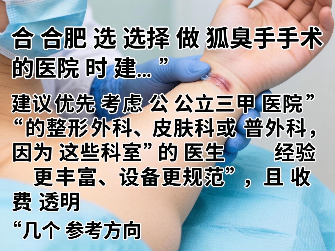 在合肥选择做狐臭手术的医院时,建议优先考虑公立三甲医院的整形外科、皮肤科或普外科,因为这些科室的医生经验更丰富、设备更规范,且收费透明。以下是几个参考方向 在合肥选择做狐臭手术的医院时,建议优先考虑公立三甲医院的整形外科、皮肤科或普外科,因为这些科室的医生经验更丰富、设备更规范,且收费透明。以下是几个参考方向