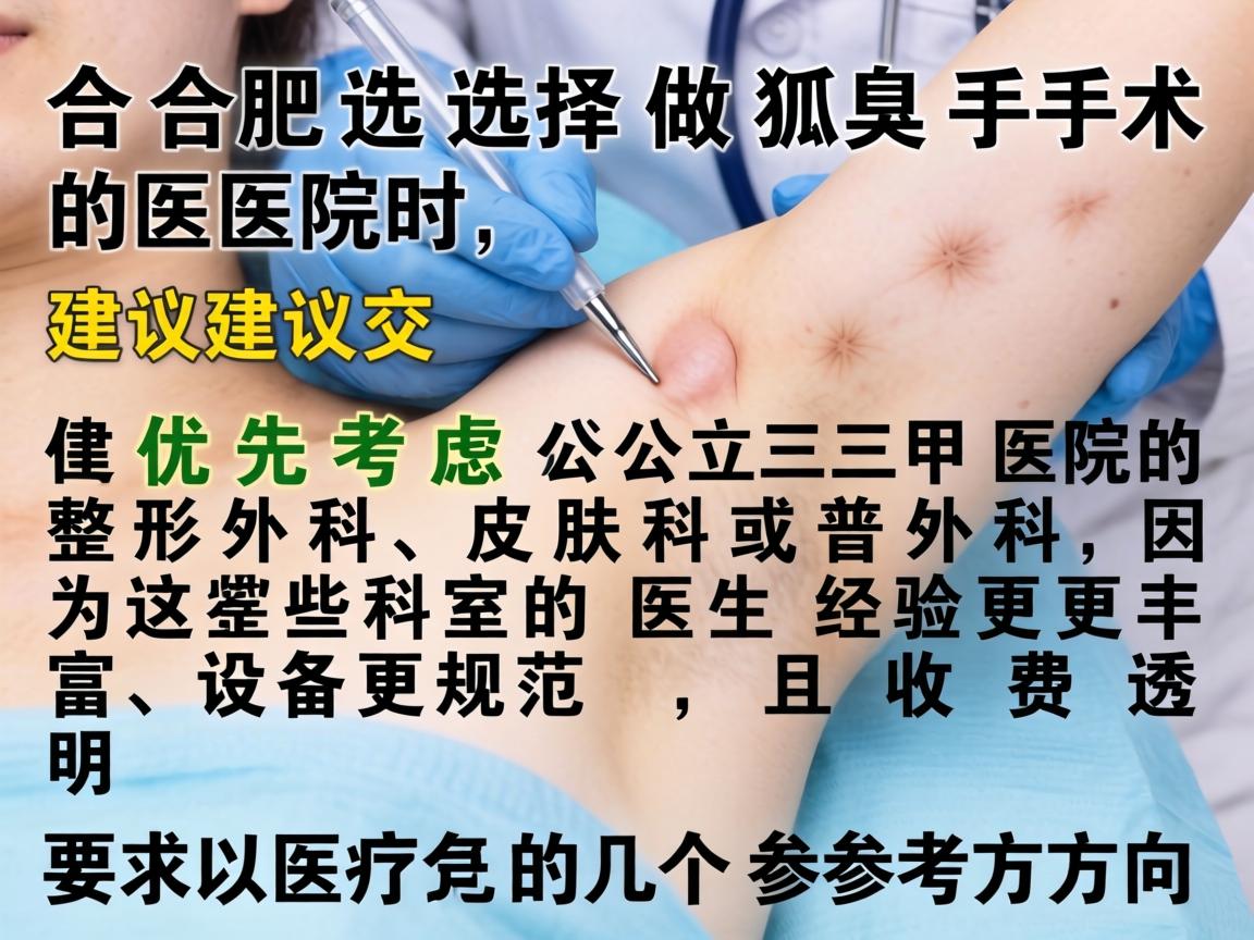 在合肥选择做狐臭手术的医院时,建议优先考虑公立三甲医院的整形外科、皮肤科或普外科,因为这些科室的医生经验更丰富、设备更规范,且收费透明。以下是几个参考方向 在合肥选择做狐臭手术的医院时,建议优先考虑公立三甲医院的整形外科、皮肤科或普外科,因为这些科室的医生经验更丰富、设备更规范,且收费透明。以下是几个参考方向
