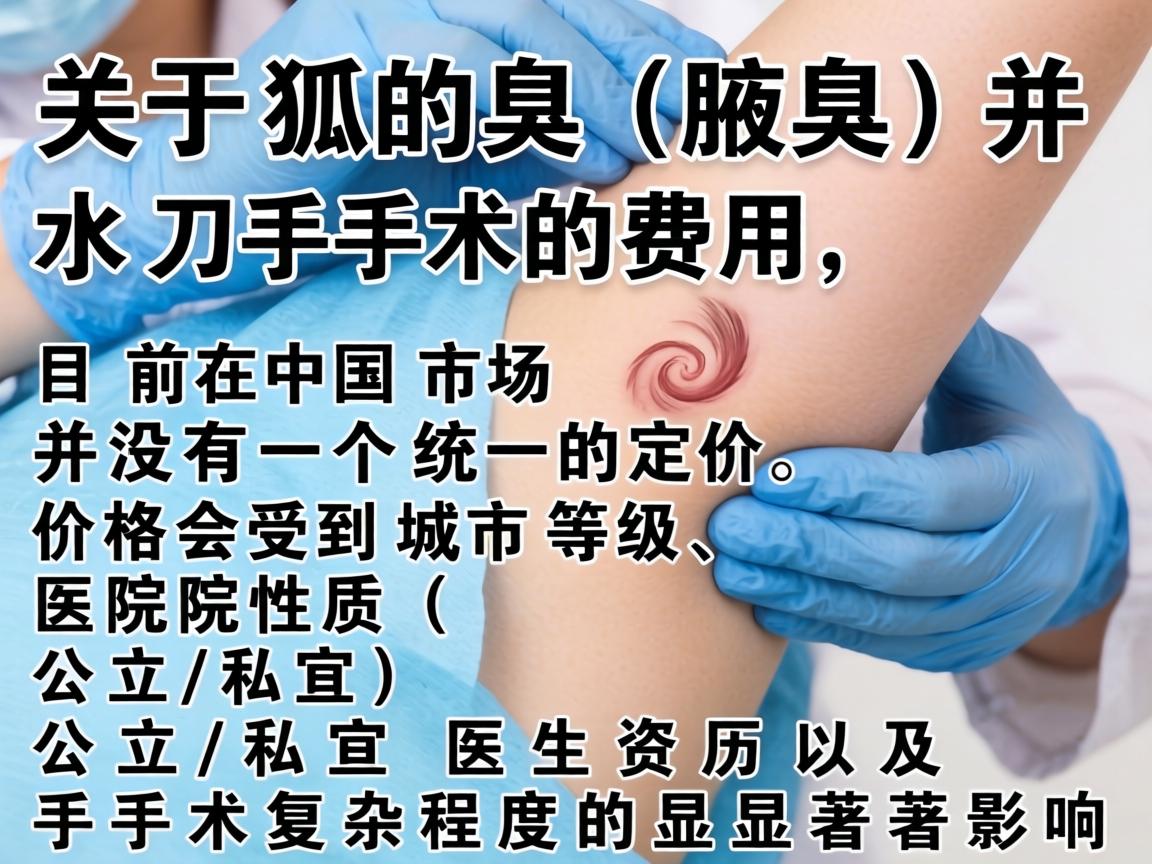 关于狐臭(腋臭)水刀手术的费用,目前在中国市场并没有一个统一的定价,价格会受到城市等级、医院性质(公立/私立)医生资历以及手术复杂程度的显著影响 关于狐臭(腋臭)水刀手术的费用,目前在中国市场并没有一个统一的定价,价格会受到城市等级、医院性质(公立/私立)医生资历以及手术复杂程度的显著影响