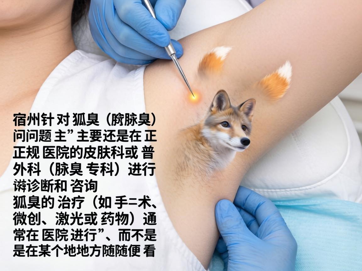 在宿州,针对狐臭(腋臭)问题,主要还是在正规医院的皮肤科或普外科(腋臭专科)进行诊断和咨询。狐臭的治疗(如手术、微创、激光或药物)通常在医院进行,而不是在某个地方随便看 在宿州,针对狐臭(腋臭)问题,主要还是在正规医院的皮肤科或普外科(腋臭专科)进行诊断和咨询。狐臭的治疗(如手术、微创、激光或药物)通常在医院进行,而不是在某个地方随便看