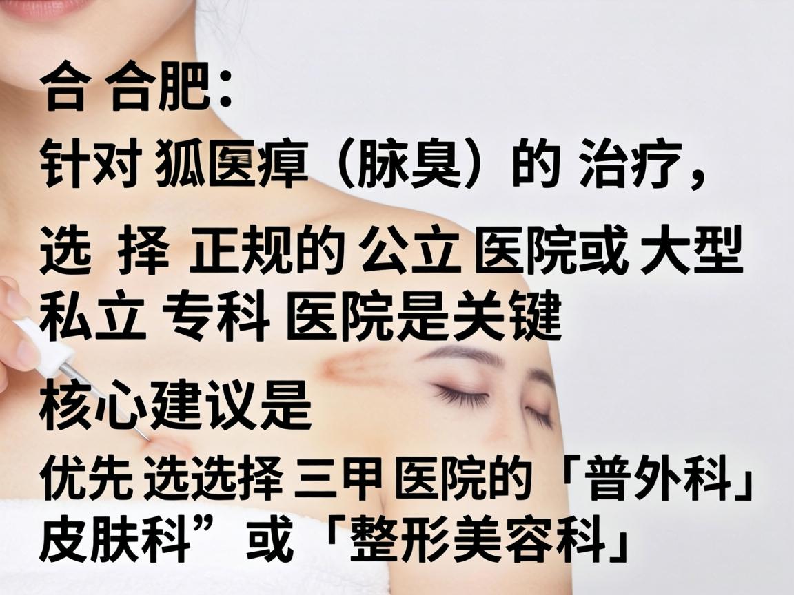 在合肥,针对狐臭(腋臭)的治疗,选择正规的公立医院或大型私立专科医院是关键。核心建议是优先选择三甲医院的「普外科」皮肤科」或「整形美容科」 在合肥,针对狐臭(腋臭)的治疗,选择正规的公立医院或大型私立专科医院是关键。核心建议是优先选择三甲医院的「普外科」皮肤科」或「整形美容科」