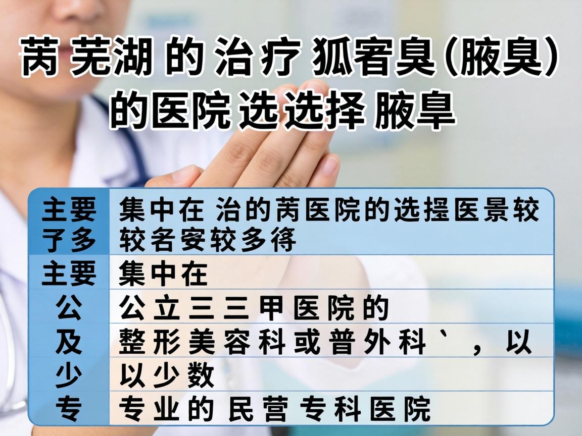 在芜湖，治疗狐臭（腋臭）的医院选择较多，主要集中在公立三甲医院的整形美容科或普外科，以及少数专业的民营专科医院