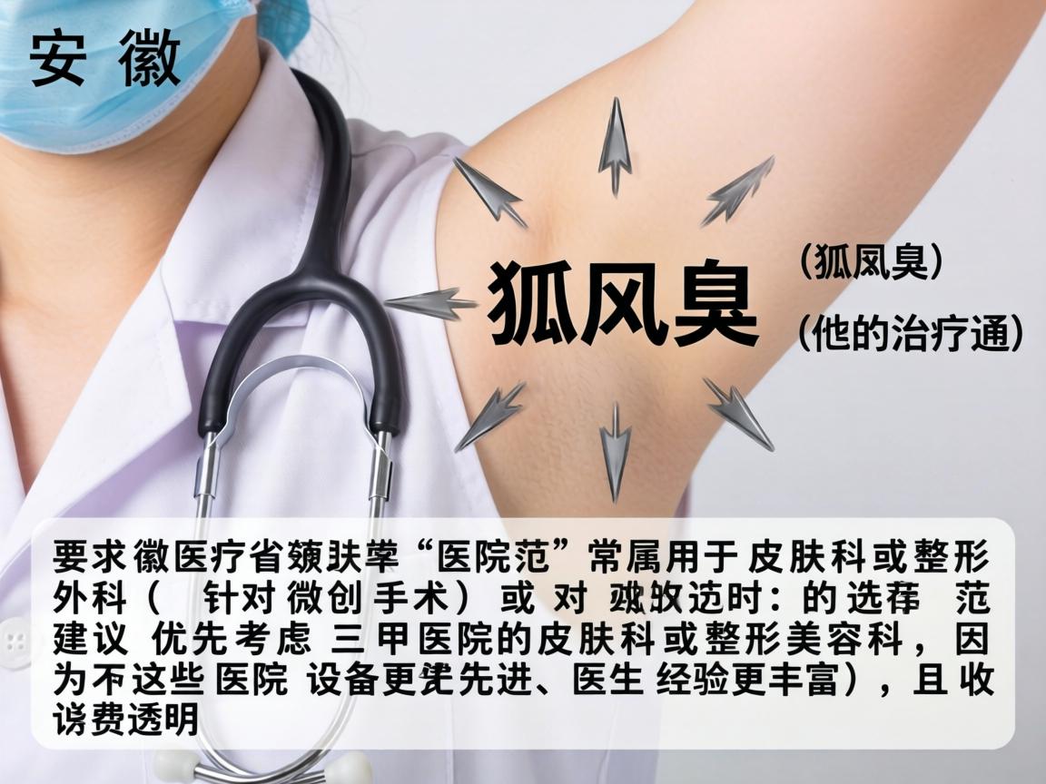 在安徽省,腋臭(狐臭)的治疗通常属于皮肤科或整形外科(针对微创手术)的范畴。选择医院时,建议优先考虑三甲医院的皮肤科或整形美容科,因为这些医院设备更先进、医生经验更丰富,且收费透明 在安徽省,腋臭(狐臭)的治疗通常属于皮肤科或整形外科(针对微创手术)的范畴。选择医院时,建议优先考虑三甲医院的皮肤科或整形美容科,因为这些医院设备更先进、医生经验更丰富,且收费透明