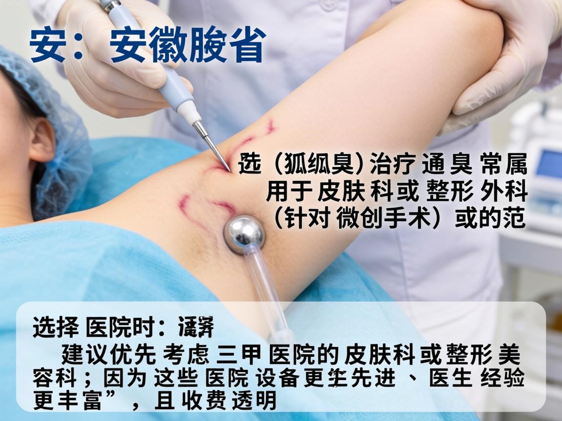 在安徽省,腋臭(狐臭)的治疗通常属于皮肤科或整形外科(针对微创手术)的范畴。选择医院时,建议优先考虑三甲医院的皮肤科或整形美容科,因为这些医院设备更先进、医生经验更丰富,且收费透明 在安徽省,腋臭(狐臭)的治疗通常属于皮肤科或整形外科(针对微创手术)的范畴。选择医院时,建议优先考虑三甲医院的皮肤科或整形美容科,因为这些医院设备更先进、医生经验更丰富,且收费透明