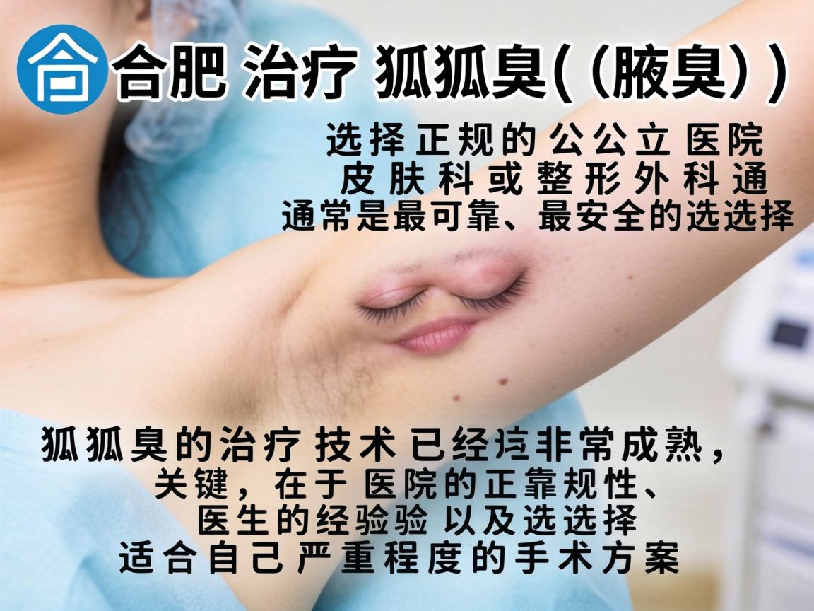在合肥,治疗狐臭(腋臭)选择正规的公立医院皮肤科或整形外科通常是最可靠、最安全的选择。狐臭的治疗技术已经非常成熟,关键在于医院的正规性、医生的经验以及选择适合自己严重程度的手术方案 在合肥,治疗狐臭(腋臭)选择正规的公立医院皮肤科或整形外科通常是最可靠、最安全的选择。狐臭的治疗技术已经非常成熟,关键在于医院的正规性、医生的经验以及选择适合自己严重程度的手术方案