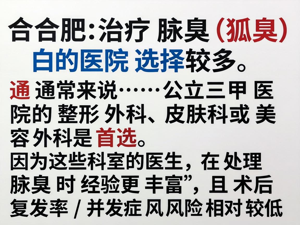 在合肥,治疗腋臭(狐臭)的医院选择较多。通常来说,公立三甲医院的整形外科、皮肤科或美容外科是首选,因为这些科室的医生在处理腋臭时经验更丰富,且术后复发率和并发症风险相对较低 在合肥,治疗腋臭(狐臭)的医院选择较多。通常来说,公立三甲医院的整形外科、皮肤科或美容外科是首选,因为这些科室的医生在处理腋臭时经验更丰富,且术后复发率和并发症风险相对较低