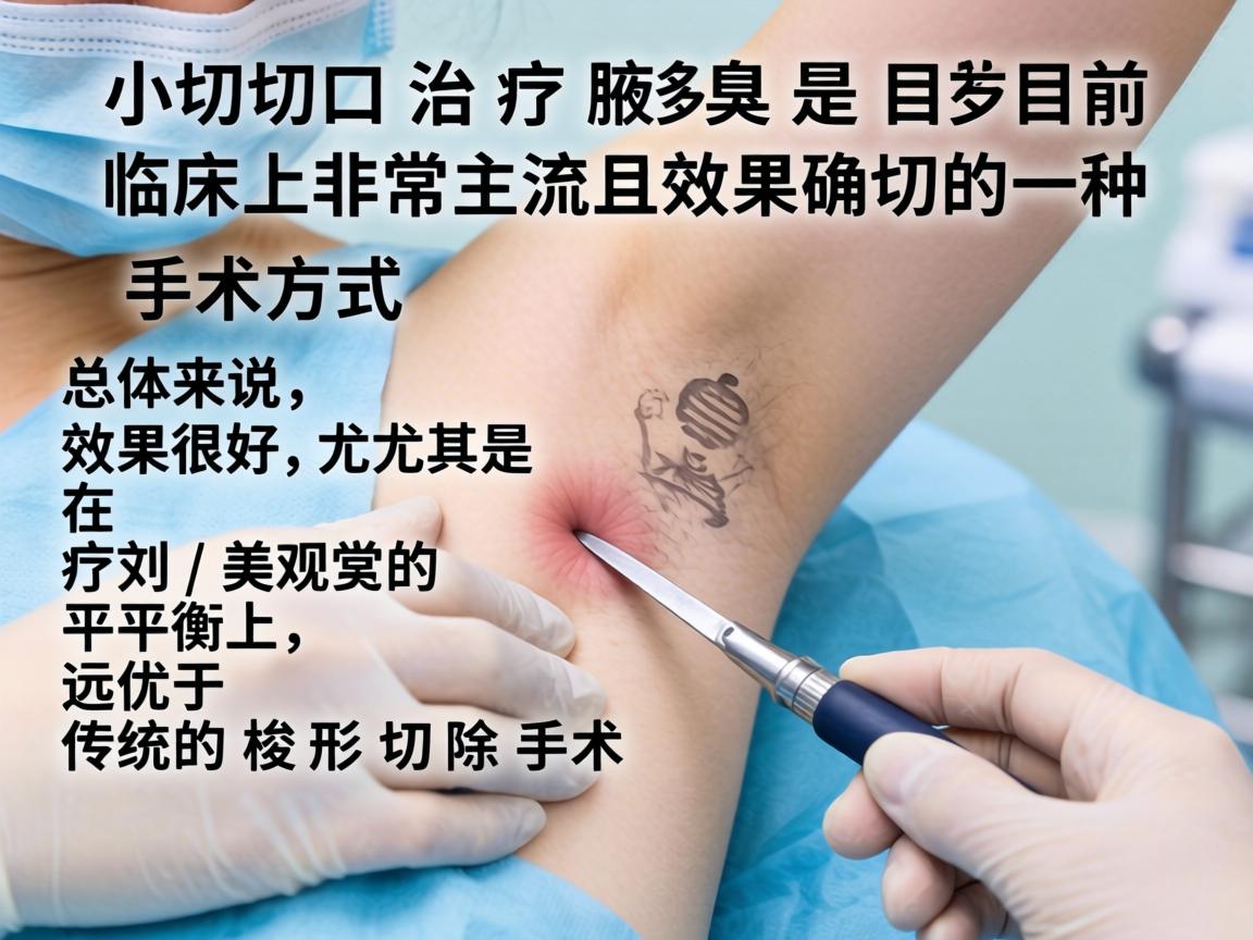小切口治疗腋臭是目前临床上非常主流且效果确切的一种手术方式。总体来说,效果很好,尤其是在疗效和美观的平衡上,远优于传统的梭形切除手术 小切口治疗腋臭是目前临床上非常主流且效果确切的一种手术方式。总体来说,效果很好,尤其是在疗效和美观的平衡上,远优于传统的梭形切除手术