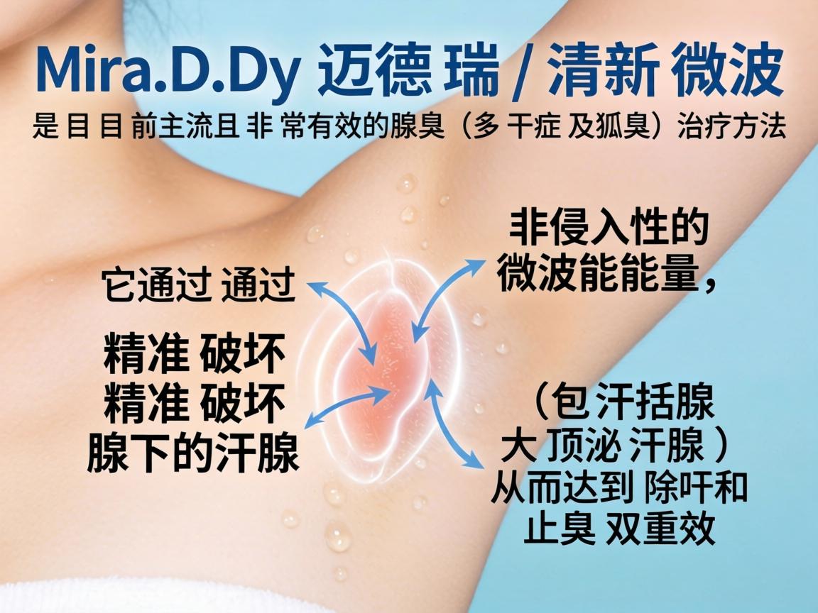 MiraDry（迈德瑞/清新微波）是目前主流且非常有效的腋臭（多汗症及狐臭）治疗方法。它通过非侵入性的微波能量，精准破坏腋下的汗腺（包括大汗腺和顶泌汗腺）从而达到止汗和除臭的双重效果
