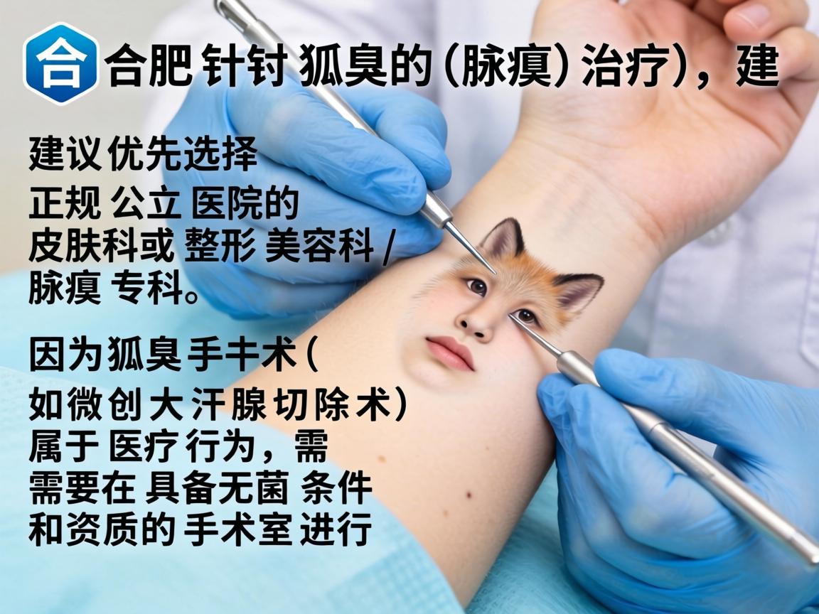 在合肥,针对狐臭(腋臭)的治疗,建议优先选择正规公立医院的皮肤科或整形美容科/腋臭专科。因为狐臭手术(如微创大汗腺切除术)属于医疗行为,需要在具备无菌条件和资质的手术室进行 在合肥,针对狐臭(腋臭)的治疗,建议优先选择正规公立医院的皮肤科或整形美容科/腋臭专科。因为狐臭手术(如微创大汗腺切除术)属于医疗行为,需要在具备无菌条件和资质的手术室进行