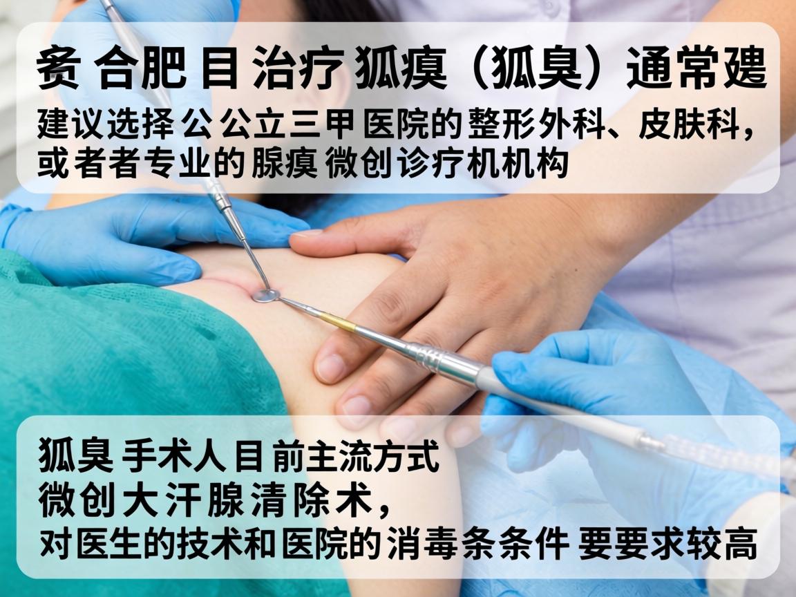 在合肥，治疗狐臭（腋臭）通常建议选择公立三甲医院的整形外科、皮肤科，或者专业的腋臭微创诊疗机构。狐臭手术目前主流方式是微创大汗腺清除术，对医生的技术和医院的消毒条件要求较高