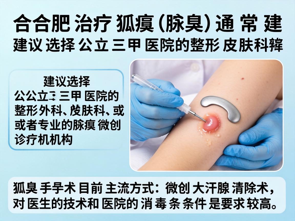 在合肥，治疗狐臭（腋臭）通常建议选择公立三甲医院的整形外科、皮肤科，或者专业的腋臭微创诊疗机构。狐臭手术目前主流方式是微创大汗腺清除术，对医生的技术和医院的消毒条件要求较高