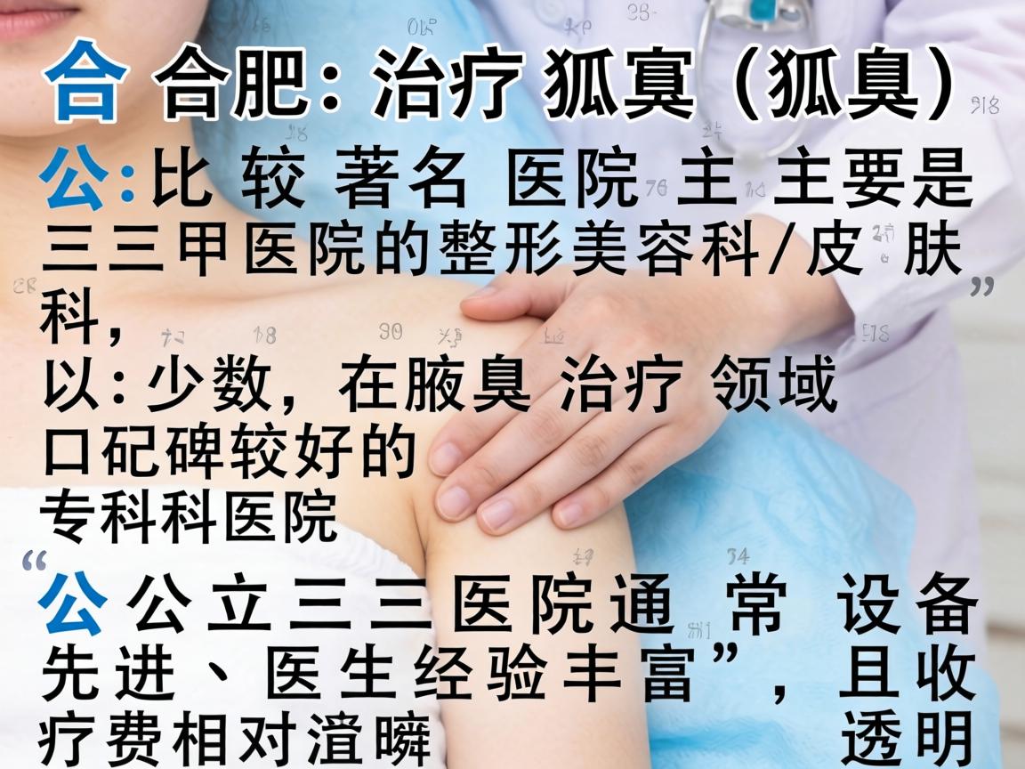 在合肥,治疗狐臭(腋臭)比较著名的医院主要是三甲医院的整形美容科/皮肤科,以及少数在腋臭治疗领域口碑较好的专科医院。公立三甲医院通常设备先进、医生经验丰富,且收费相对透明 在合肥,治疗狐臭(腋臭)比较著名的医院主要是三甲医院的整形美容科/皮肤科,以及少数在腋臭治疗领域口碑较好的专科医院。公立三甲医院通常设备先进、医生经验丰富,且收费相对透明