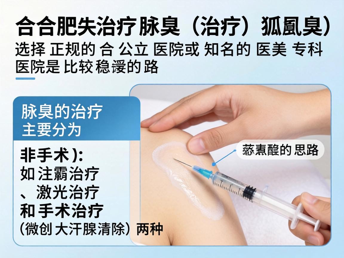 在合肥,治疗腋臭(狐臭)选择正规的公立医院或知名的医美专科医院是比较稳妥的思路。腋臭的治疗主要分为非手术(如注射治疗、激光治疗)和手术治疗(微创大汗腺清除)两种 在合肥,治疗腋臭(狐臭)选择正规的公立医院或知名的医美专科医院是比较稳妥的思路。腋臭的治疗主要分为非手术(如注射治疗、激光治疗)和手术治疗(微创大汗腺清除)两种