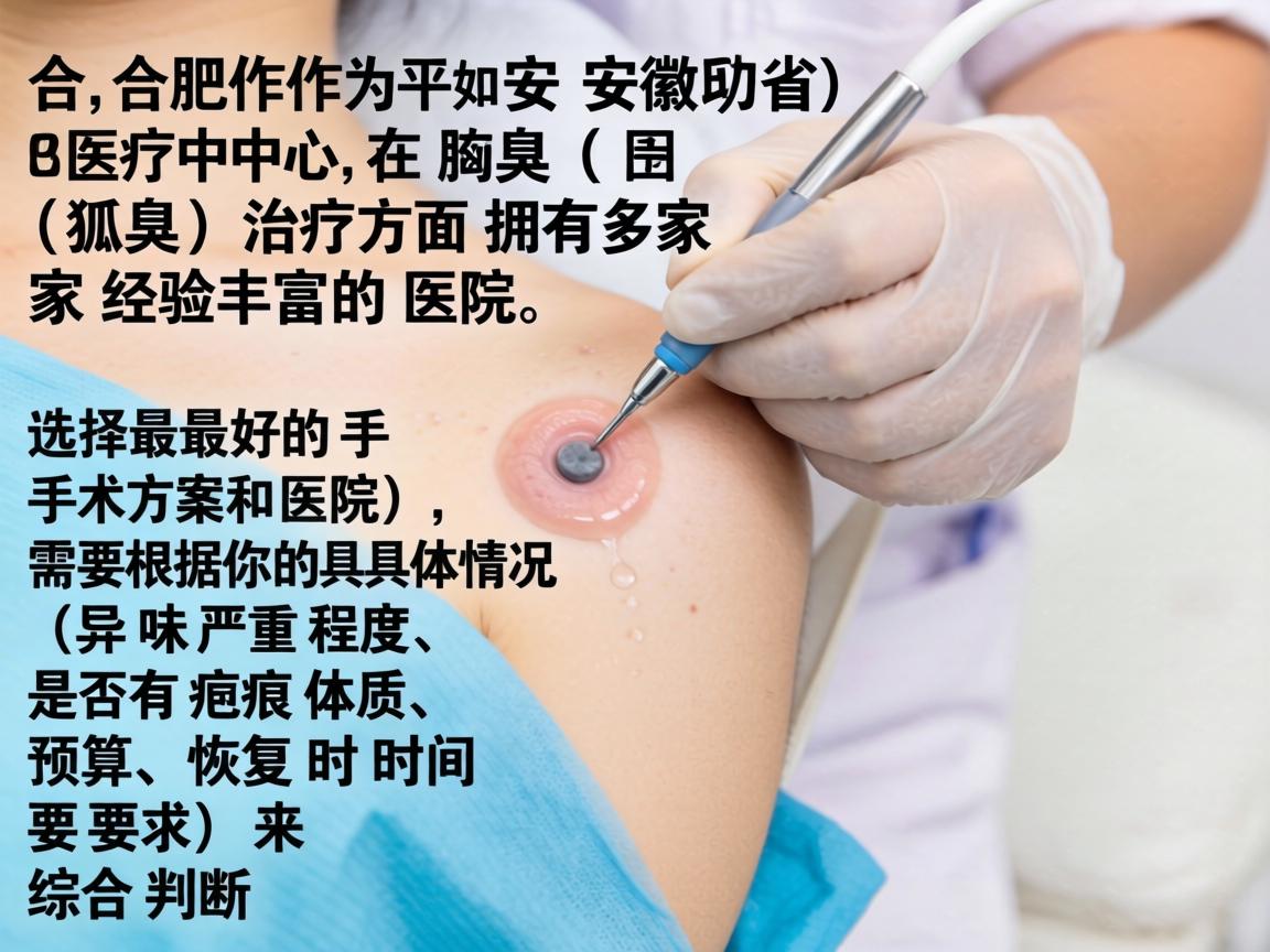 合肥作为安徽省的医疗中心,在腋臭(狐臭)治疗方面拥有多家经验丰富的医院。选择最好的手术方案和医院,需要根据你的具体情况(如异味严重程度、是否有疤痕体质、预算、恢复时间要求)来综合判断 合肥作为安徽省的医疗中心,在腋臭(狐臭)治疗方面拥有多家经验丰富的医院。选择最好的手术方案和医院,需要根据你的具体情况(如异味严重程度、是否有疤痕体质、预算、恢复时间要求)来综合判断
