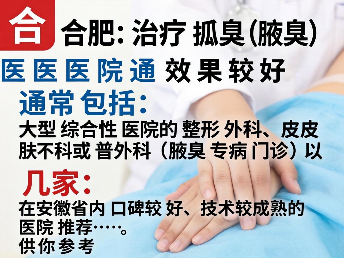 在合肥,治疗狐臭(腋臭)效果较好的医院通常包括大型综合性医院的整形外科、皮肤科或普外科(腋臭专病门诊)以下是几家在安徽省内口碑较好、技术较成熟的医院推荐,供你参考 在合肥,治疗狐臭(腋臭)效果较好的医院通常包括大型综合性医院的整形外科、皮肤科或普外科(腋臭专病门诊)以下是几家在安徽省内口碑较好、技术较成熟的医院推荐,供你参考