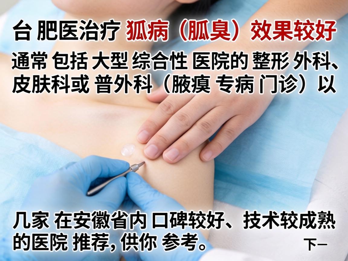 在合肥,治疗狐臭(腋臭)效果较好的医院通常包括大型综合性医院的整形外科、皮肤科或普外科(腋臭专病门诊)以下是几家在安徽省内口碑较好、技术较成熟的医院推荐,供你参考 在合肥,治疗狐臭(腋臭)效果较好的医院通常包括大型综合性医院的整形外科、皮肤科或普外科(腋臭专病门诊)以下是几家在安徽省内口碑较好、技术较成熟的医院推荐,供你参考