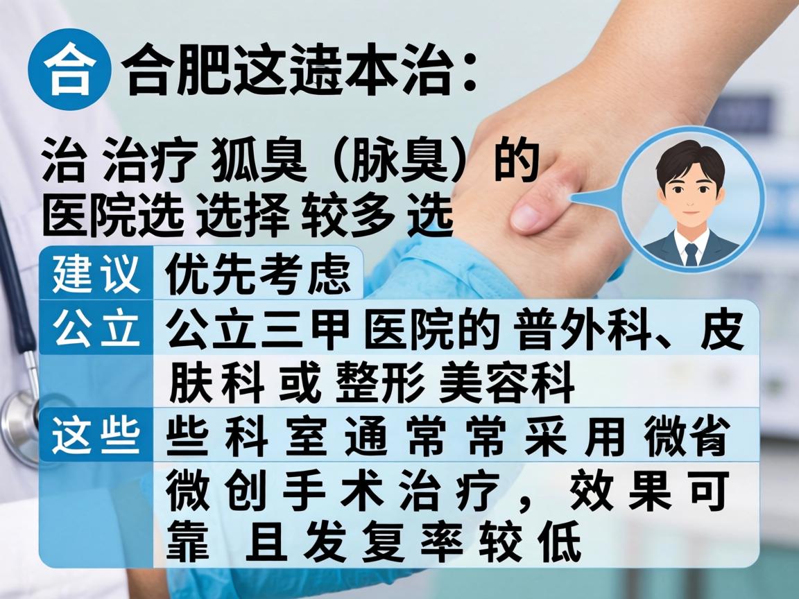在合肥,治疗狐臭(腋臭)的医院选择较多,建议优先考虑公立三甲医院的普外科、皮肤科或整形美容科。这些科室通常采用微创手术治疗,效果可靠且复发率较低 在合肥,治疗狐臭(腋臭)的医院选择较多,建议优先考虑公立三甲医院的普外科、皮肤科或整形美容科。这些科室通常采用微创手术治疗,效果可靠且复发率较低