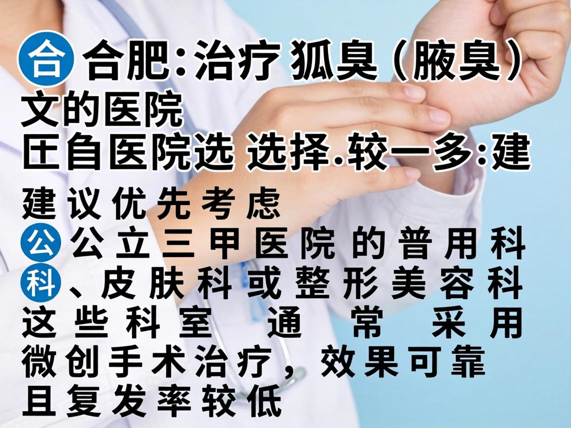 在合肥,治疗狐臭(腋臭)的医院选择较多,建议优先考虑公立三甲医院的普外科、皮肤科或整形美容科。这些科室通常采用微创手术治疗,效果可靠且复发率较低 在合肥,治疗狐臭(腋臭)的医院选择较多,建议优先考虑公立三甲医院的普外科、皮肤科或整形美容科。这些科室通常采用微创手术治疗,效果可靠且复发率较低