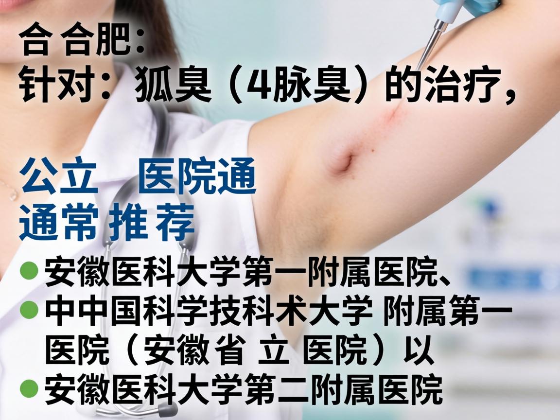 在合肥,针对狐臭(腋臭)的治疗,公立医院通常推荐安徽医科大学第一附属医院、中国科学技术大学附属第一医院(安徽省立医院)以及安徽医科大学第二附属医院 在合肥,针对狐臭(腋臭)的治疗,公立医院通常推荐安徽医科大学第一附属医院、中国科学技术大学附属第一医院(安徽省立医院)以及安徽医科大学第二附属医院